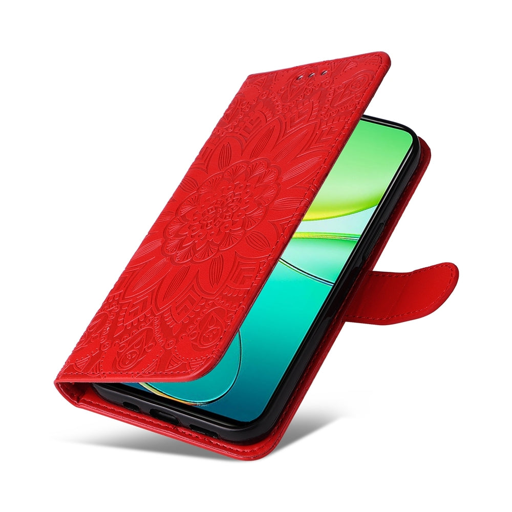 For vivo Y38 5G Sunflower Embossed Leather Wallet Phone Case with Kickstand and Card Holder