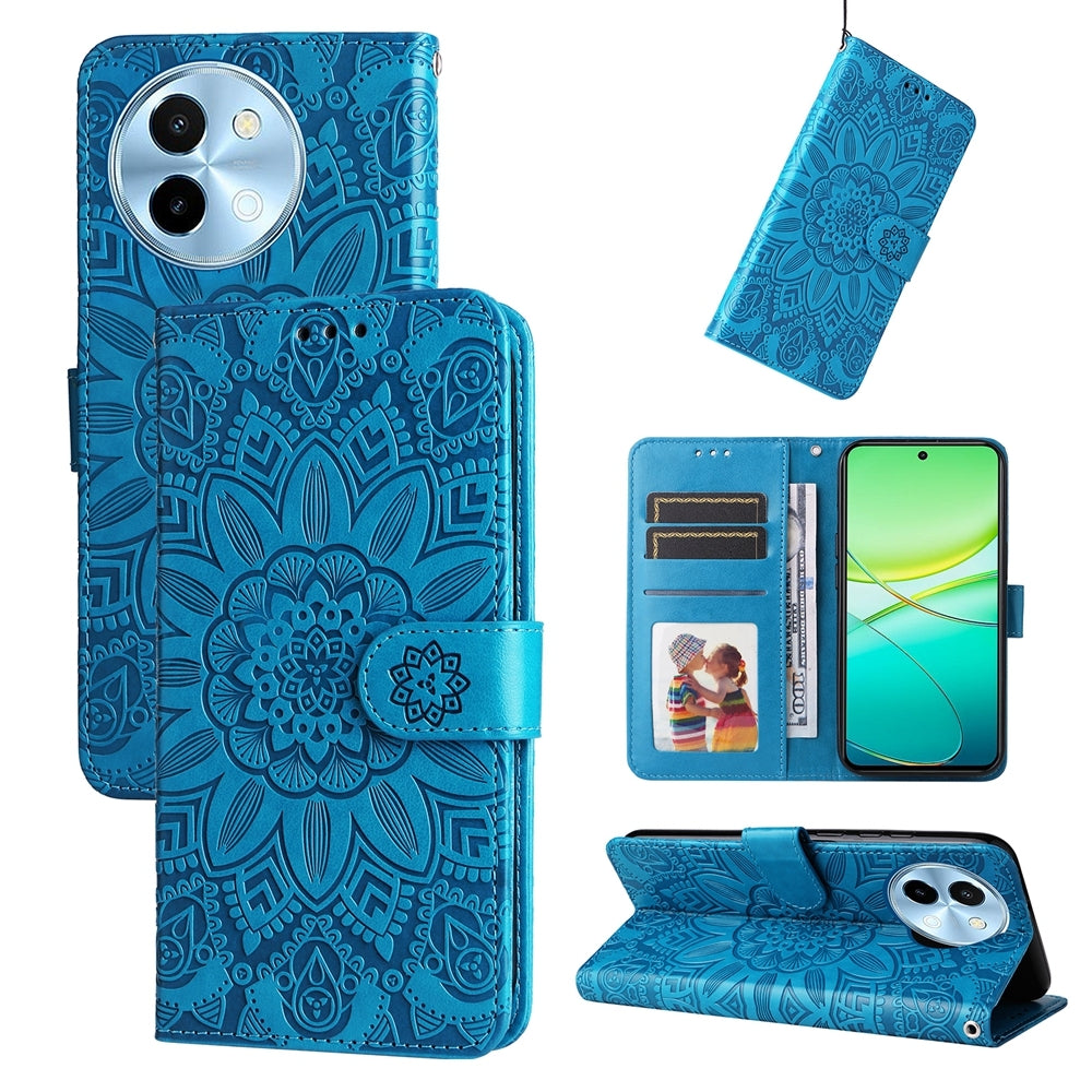 For vivo Y38 5G Sunflower Embossed Leather Wallet Phone Case with Kickstand and Card Holder