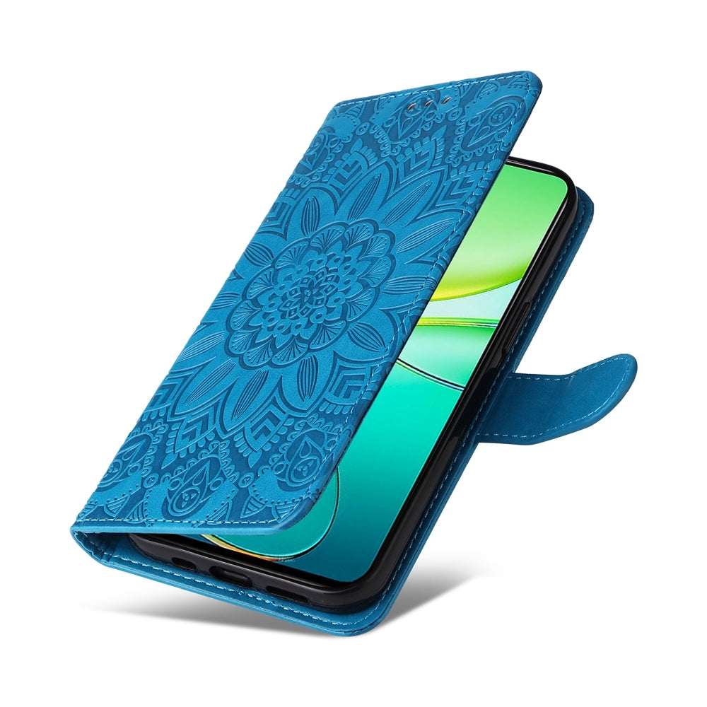 For vivo Y38 5G Sunflower Embossed Leather Wallet Phone Case with Kickstand and Card Holder