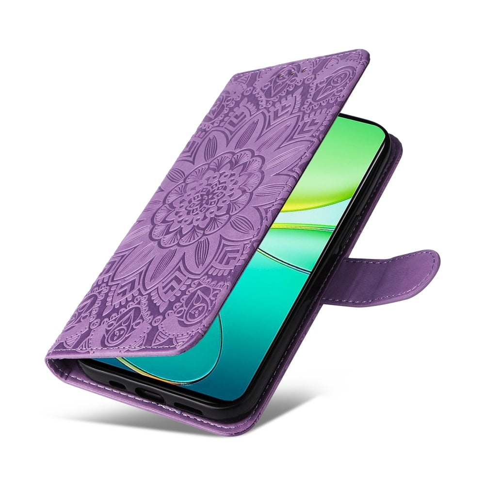For vivo Y38 5G Sunflower Embossed Leather Wallet Phone Case with Kickstand and Card Holder