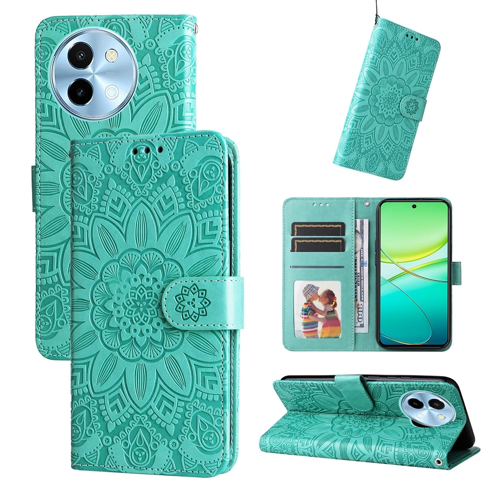 For vivo Y38 5G Sunflower Embossed Leather Wallet Phone Case with Kickstand and Card Holder