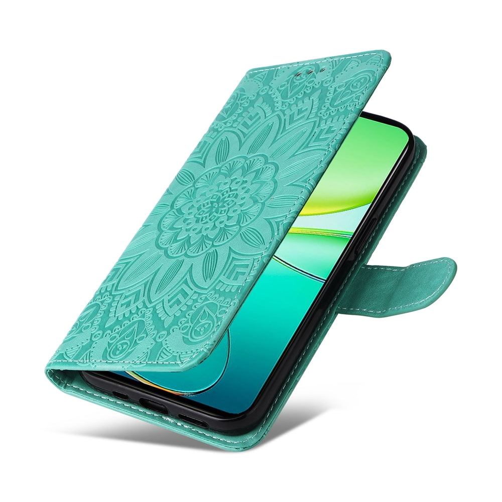 For vivo Y38 5G Sunflower Embossed Leather Wallet Phone Case with Kickstand and Card Holder