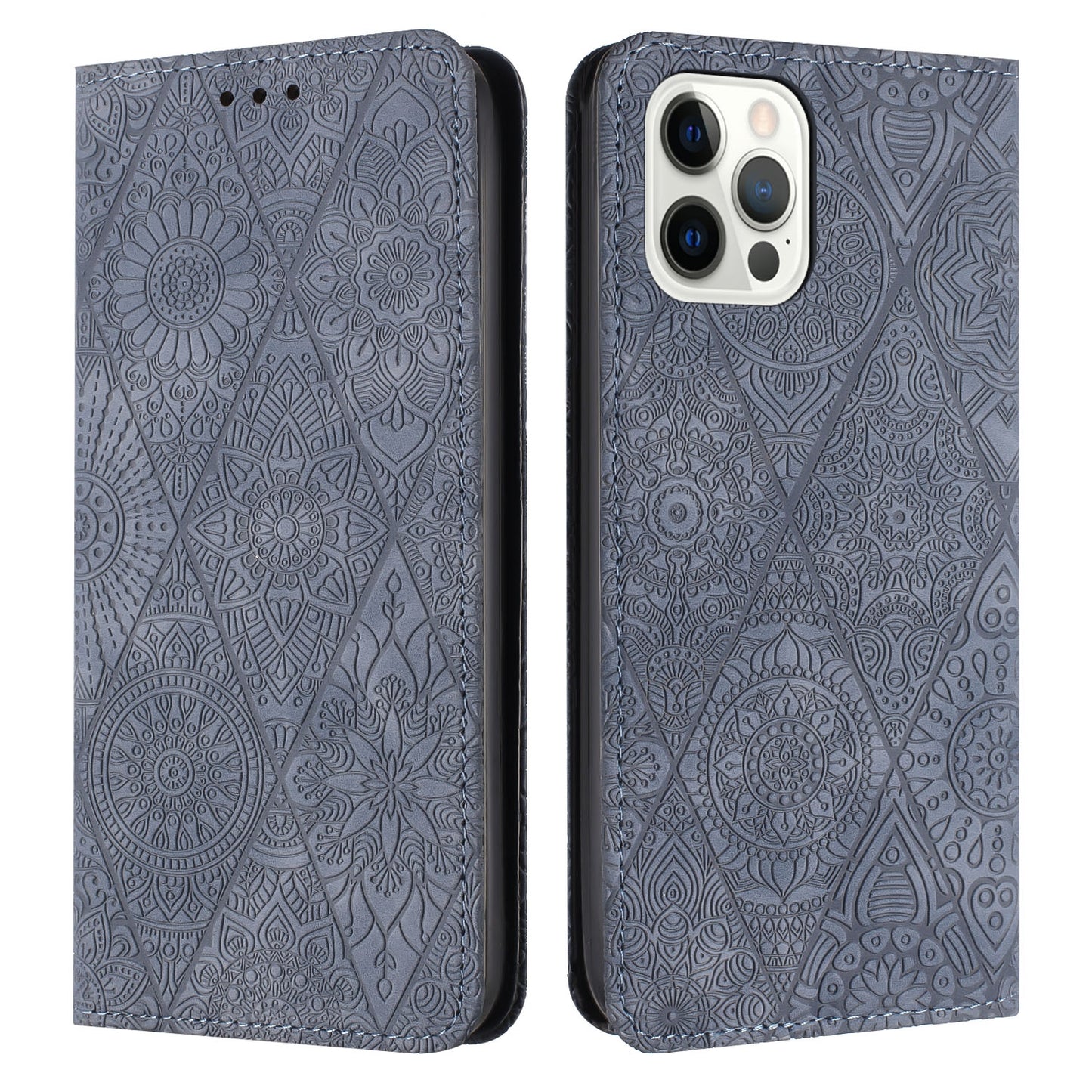 For iPhone 15 Pro Max Ethnic Embossed Adsorption Leather Phone Case