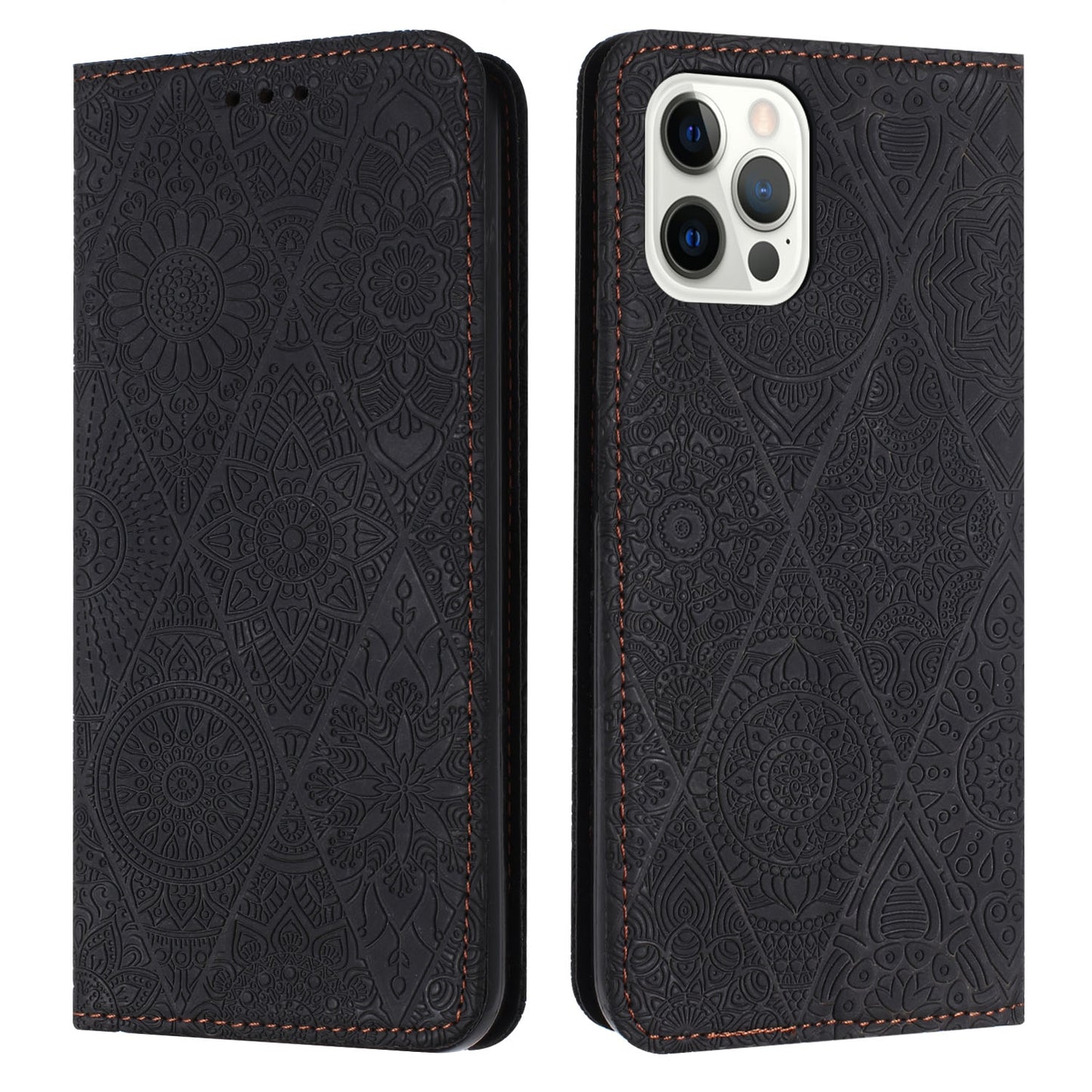 For iPhone 15 Pro Max Ethnic Embossed Adsorption Leather Phone Case