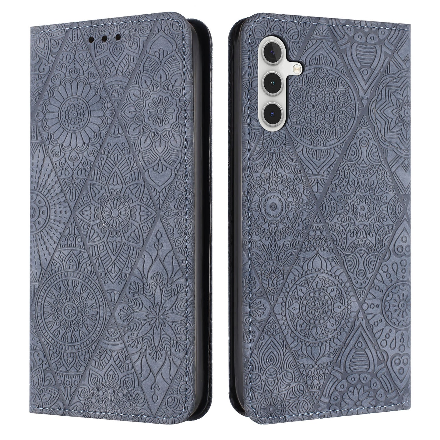For Samsung Galaxy S24 5G Embossed Leather Case with Card Holder & Stand