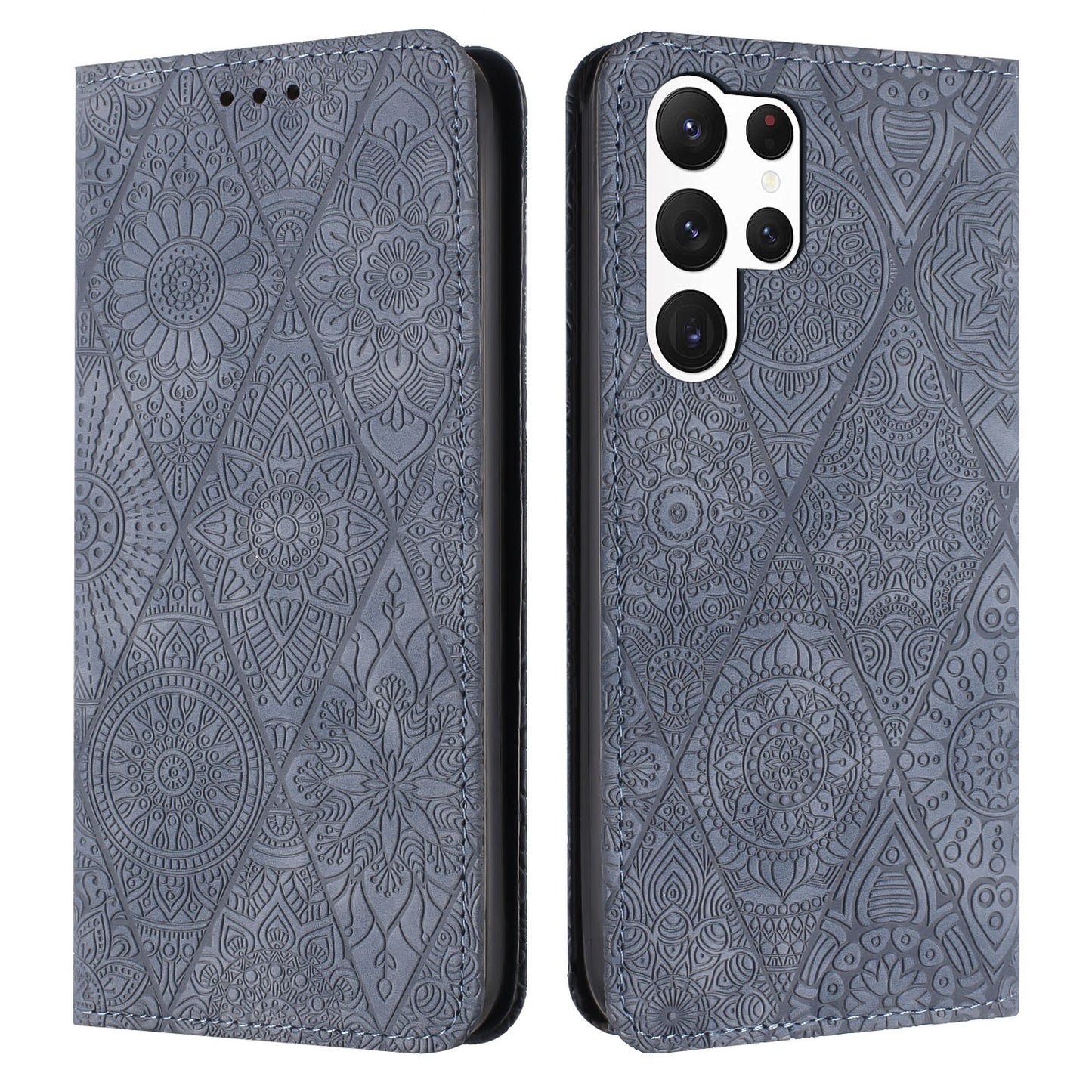 Samsung Galaxy S24 Ultra 5G Embossed Leather Case with Card Holder & Stand