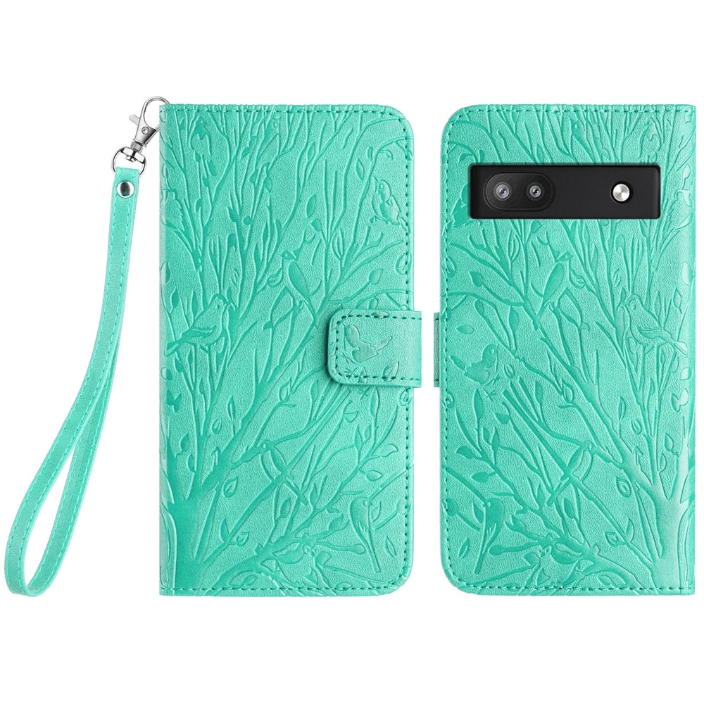 Google Pixel 6a Embossed Leather Phone Case with Tree Birds Pattern, Hand Strap, Card Holder & Adjustable Stand - Shockproof Wallet Cover