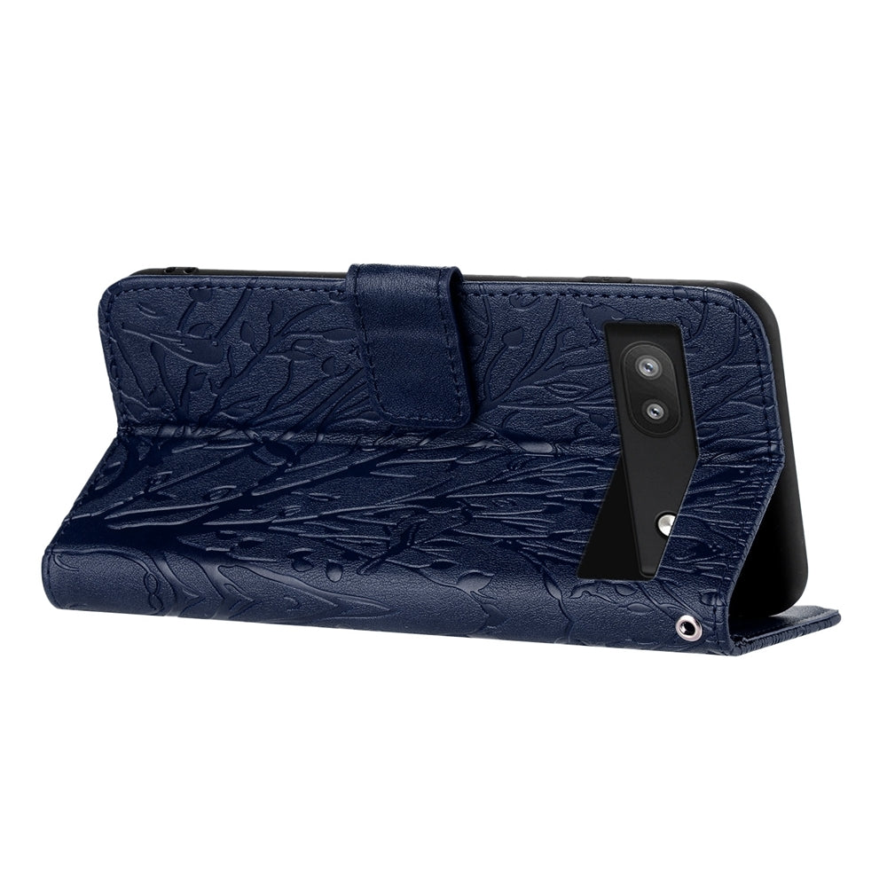 Google Pixel 6a Embossed Leather Phone Case with Tree Birds Pattern, Hand Strap, Card Holder & Adjustable Stand - Shockproof Wallet Cover