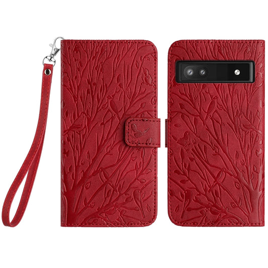 Google Pixel 7a Embossed Leather Phone Case with Tree Birds Pattern, Hand Strap, Card Holder & Adjustable Stand - Shockproof Wallet Cover