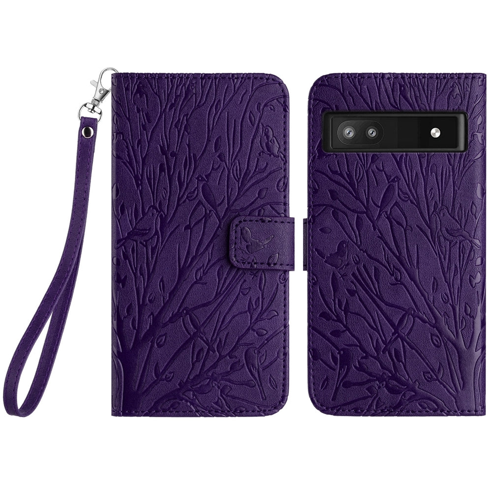 Google Pixel 7a Embossed Leather Phone Case with Tree Birds Pattern, Hand Strap, Card Holder & Adjustable Stand - Shockproof Wallet Cover