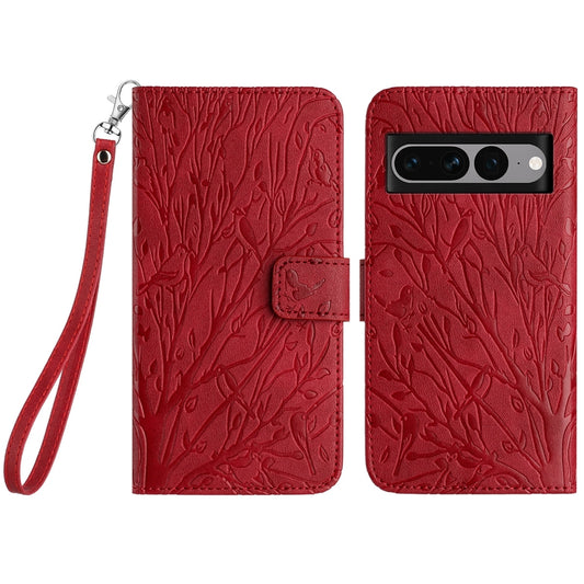 Google Pixel 7 Pro Embossed Leather Phone Case with Tree Birds Pattern, Hand Strap, Card Holder & Adjustable Stand - Shockproof Wallet Cover