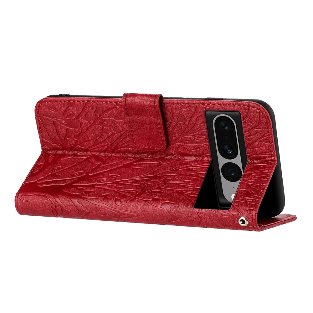 Google Pixel 7 Pro Embossed Leather Phone Case with Tree Birds Pattern, Hand Strap, Card Holder & Adjustable Stand - Shockproof Wallet Cover