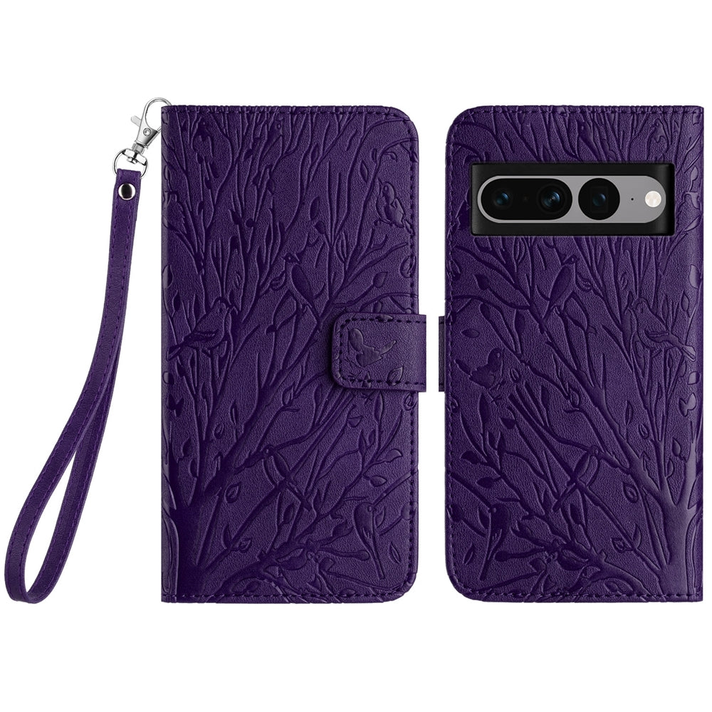 Google Pixel 7 Pro Embossed Leather Phone Case with Tree Birds Pattern, Hand Strap, Card Holder & Adjustable Stand - Shockproof Wallet Cover