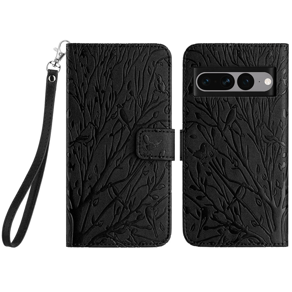 Google Pixel 7 Pro Embossed Leather Phone Case with Tree Birds Pattern, Hand Strap, Card Holder & Adjustable Stand - Shockproof Wallet Cover