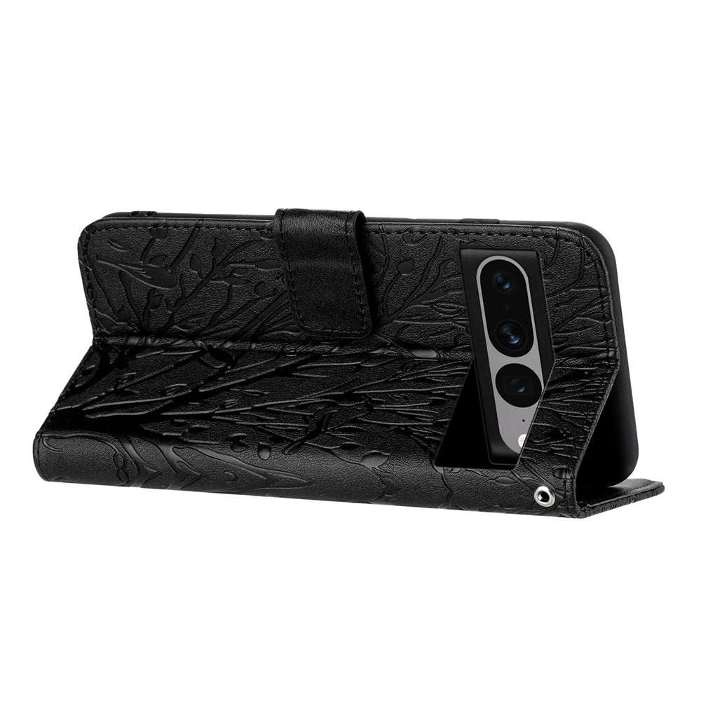 Google Pixel 7 Pro Embossed Leather Phone Case with Tree Birds Pattern, Hand Strap, Card Holder & Adjustable Stand - Shockproof Wallet Cover