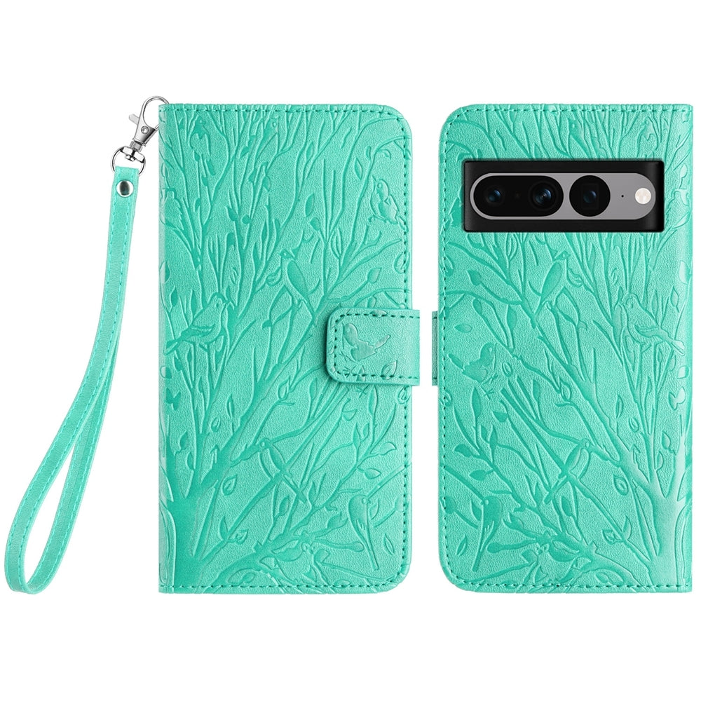 Google Pixel 7 Pro Embossed Leather Phone Case with Tree Birds Pattern, Hand Strap, Card Holder & Adjustable Stand - Shockproof Wallet Cover