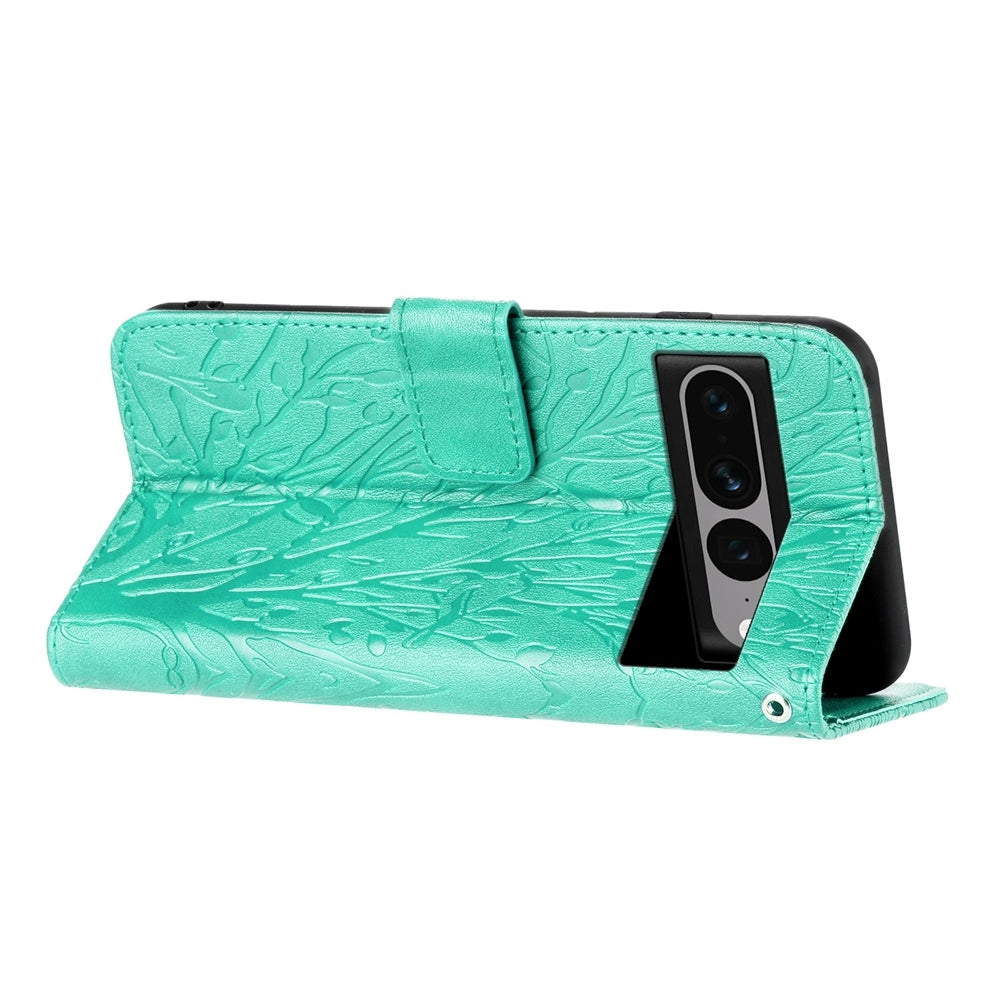 Google Pixel 7 Pro Embossed Leather Phone Case with Tree Birds Pattern, Hand Strap, Card Holder & Adjustable Stand - Shockproof Wallet Cover