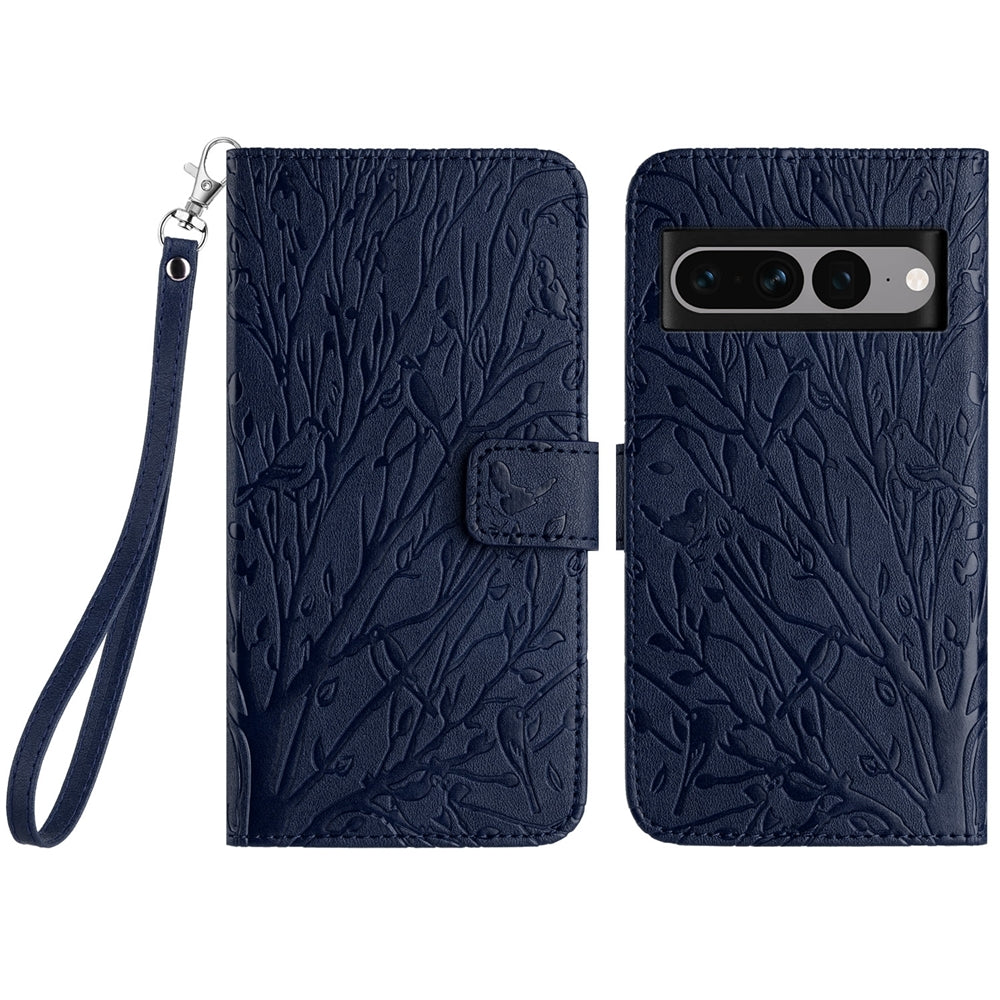 Google Pixel 7 Pro Embossed Leather Phone Case with Tree Birds Pattern, Hand Strap, Card Holder & Adjustable Stand - Shockproof Wallet Cover