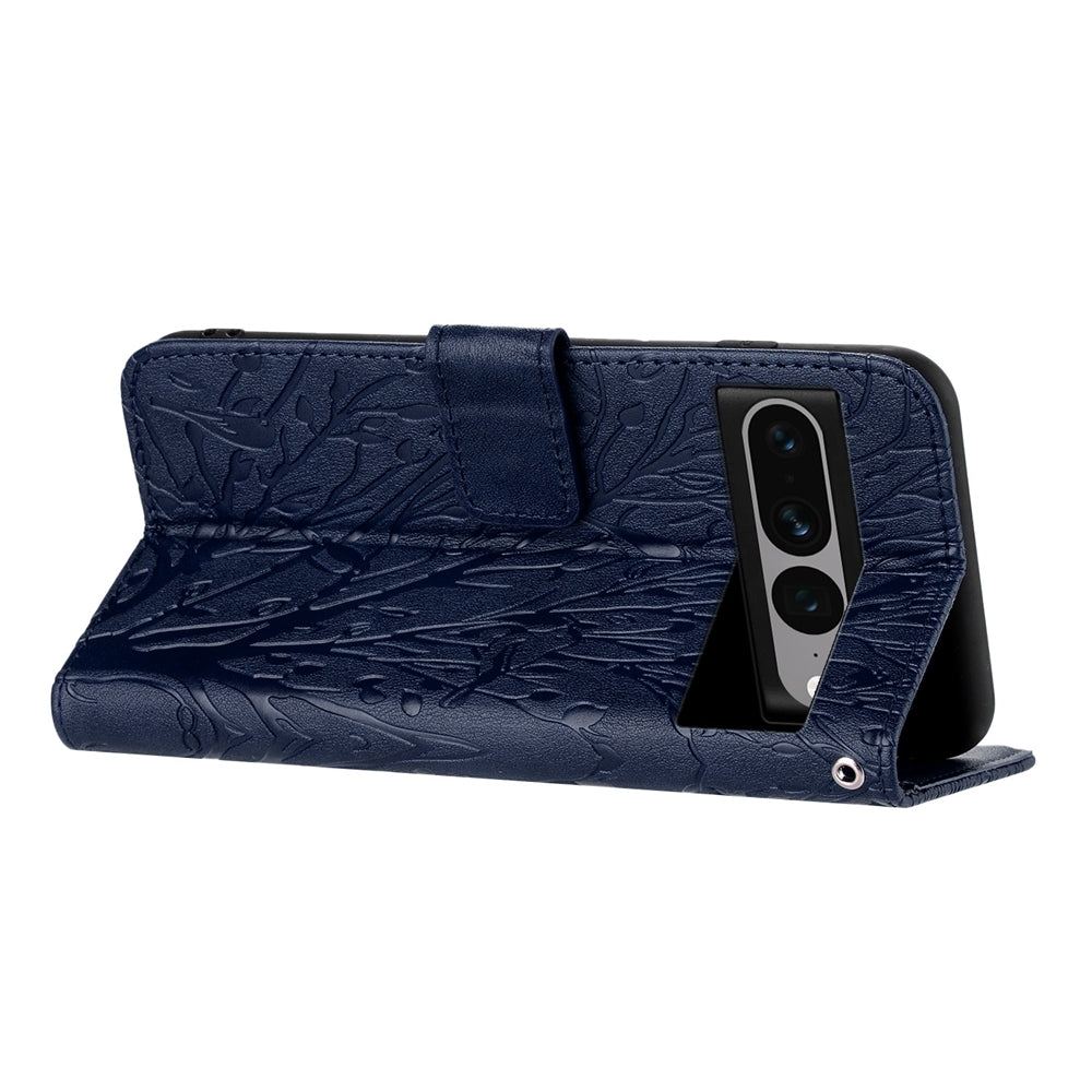 Google Pixel 7 Pro Embossed Leather Phone Case with Tree Birds Pattern, Hand Strap, Card Holder & Adjustable Stand - Shockproof Wallet Cover