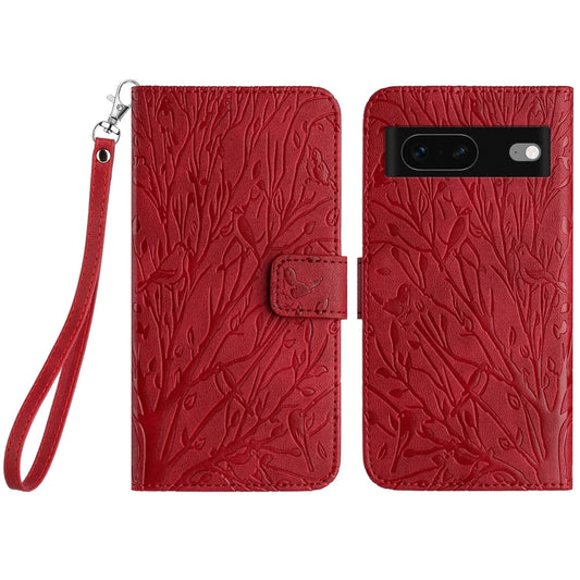 Google Pixel 7 Embossed Leather Phone Case with Tree Birds Pattern, Hand Strap, Card Holder & Adjustable Stand - Shockproof Wallet Cover