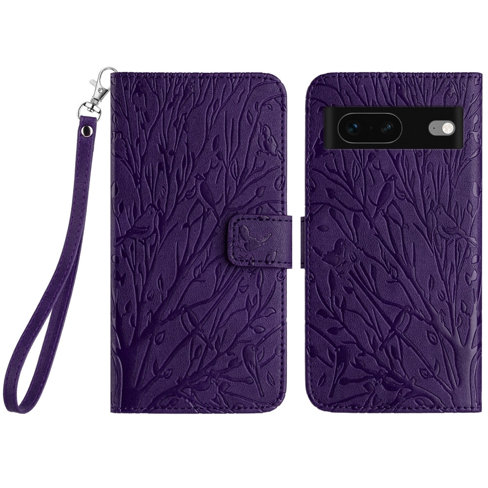 Google Pixel 7 Embossed Leather Phone Case with Tree Birds Pattern, Hand Strap, Card Holder & Adjustable Stand - Shockproof Wallet Cover