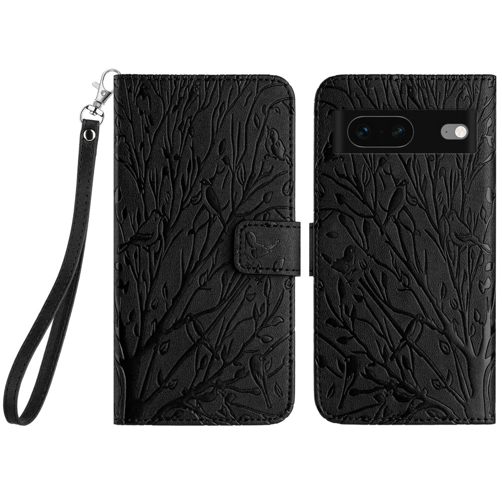 Google Pixel 7 Embossed Leather Phone Case with Tree Birds Pattern, Hand Strap, Card Holder & Adjustable Stand - Shockproof Wallet Cover