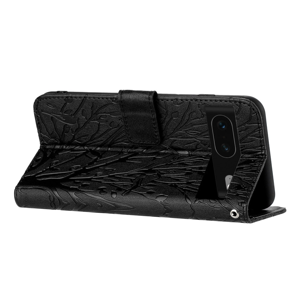 Google Pixel 7 Embossed Leather Phone Case with Tree Birds Pattern, Hand Strap, Card Holder & Adjustable Stand - Shockproof Wallet Cover
