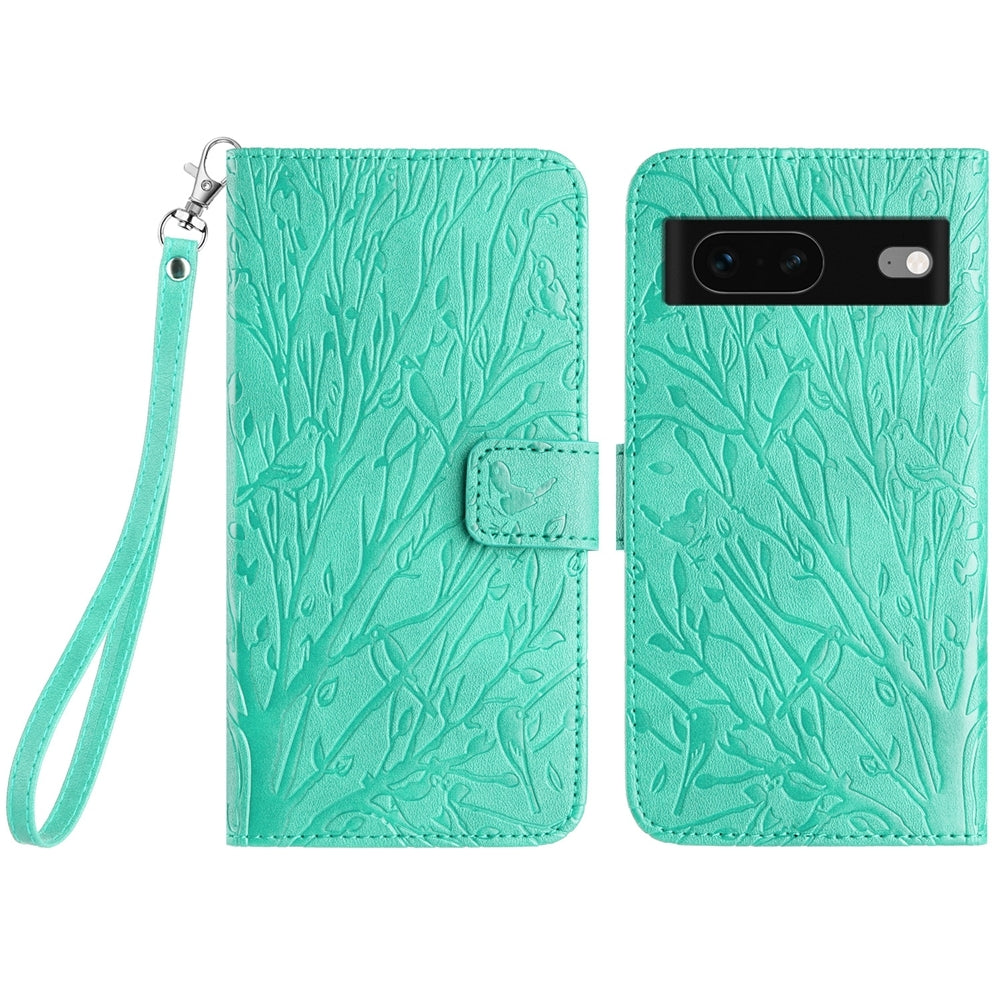 Google Pixel 7 Embossed Leather Phone Case with Tree Birds Pattern, Hand Strap, Card Holder & Adjustable Stand - Shockproof Wallet Cover