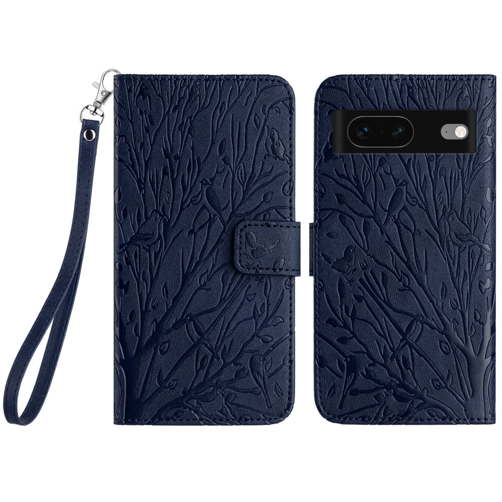 Google Pixel 7 Embossed Leather Phone Case with Tree Birds Pattern, Hand Strap, Card Holder & Adjustable Stand - Shockproof Wallet Cover