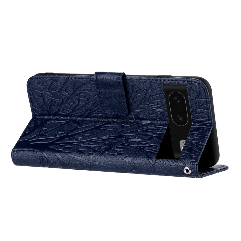 Google Pixel 7 Embossed Leather Phone Case with Tree Birds Pattern, Hand Strap, Card Holder & Adjustable Stand - Shockproof Wallet Cover