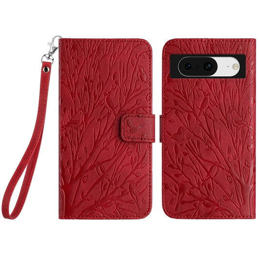 Google Pixel 8 Embossed Leather Phone Case with Tree Birds Pattern, Hand Strap, Card Holder & Adjustable Stand - Shockproof Wallet Cover