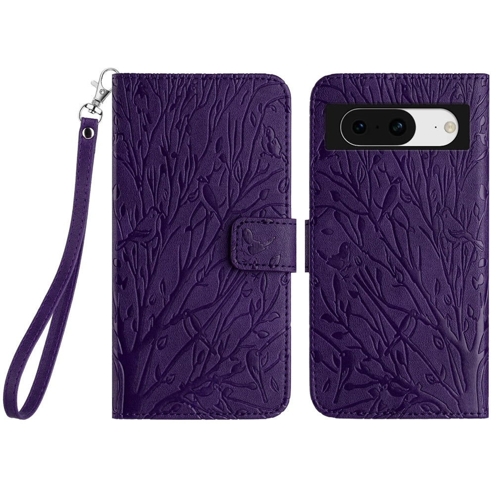 Google Pixel 8 Embossed Leather Phone Case with Tree Birds Pattern, Hand Strap, Card Holder & Adjustable Stand - Shockproof Wallet Cover