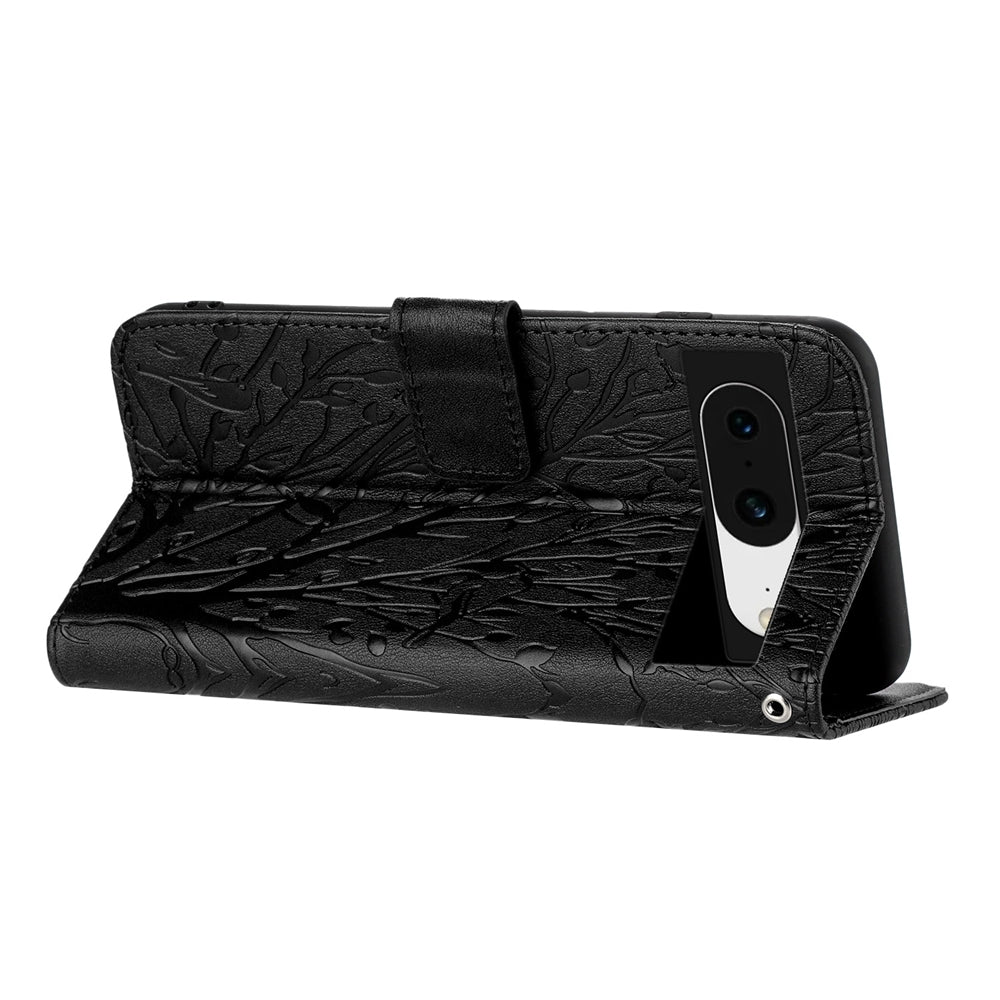 Google Pixel 8 Embossed Leather Phone Case with Tree Birds Pattern, Hand Strap, Card Holder & Adjustable Stand - Shockproof Wallet Cover