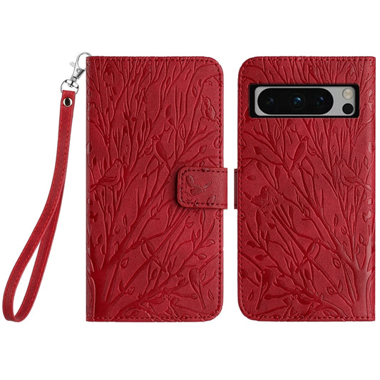 Google Pixel 8 Pro Embossed Leather Phone Case with Tree Birds Pattern, Hand Strap, Card Holder & Adjustable Stand - Shockproof Wallet Cover