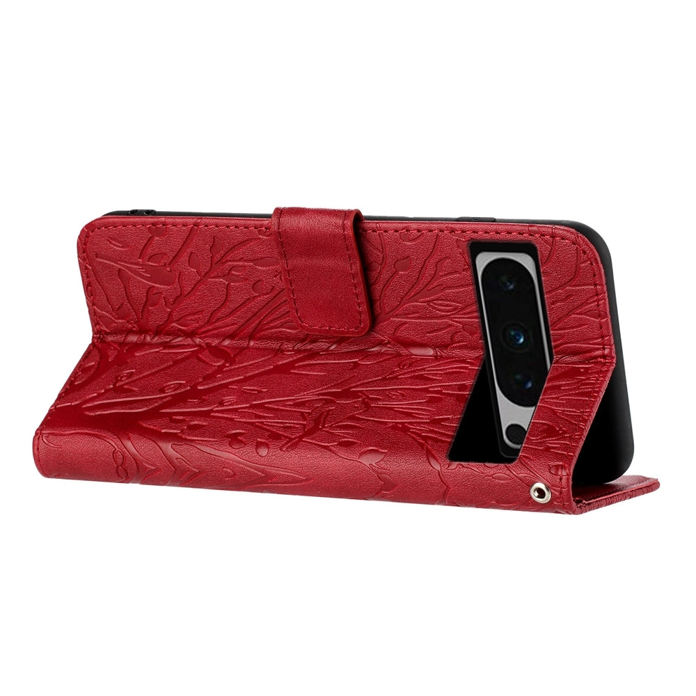 Google Pixel 8 Pro Embossed Leather Phone Case with Tree Birds Pattern, Hand Strap, Card Holder & Adjustable Stand - Shockproof Wallet Cover