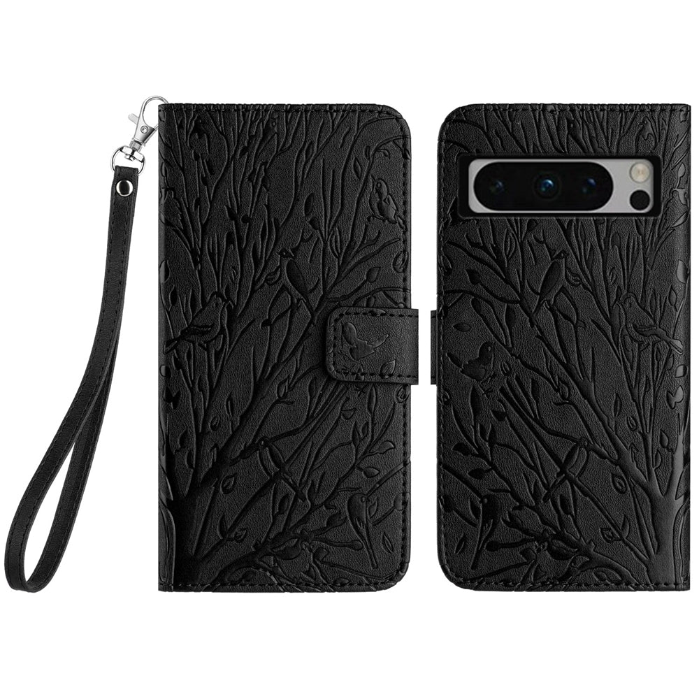Google Pixel 8 Pro Embossed Leather Phone Case with Tree Birds Pattern, Hand Strap, Card Holder & Adjustable Stand - Shockproof Wallet Cover