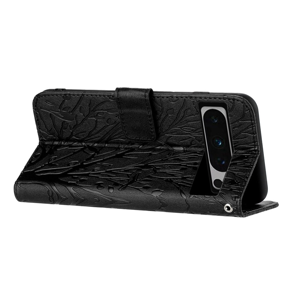 Google Pixel 8 Pro Embossed Leather Phone Case with Tree Birds Pattern, Hand Strap, Card Holder & Adjustable Stand - Shockproof Wallet Cover