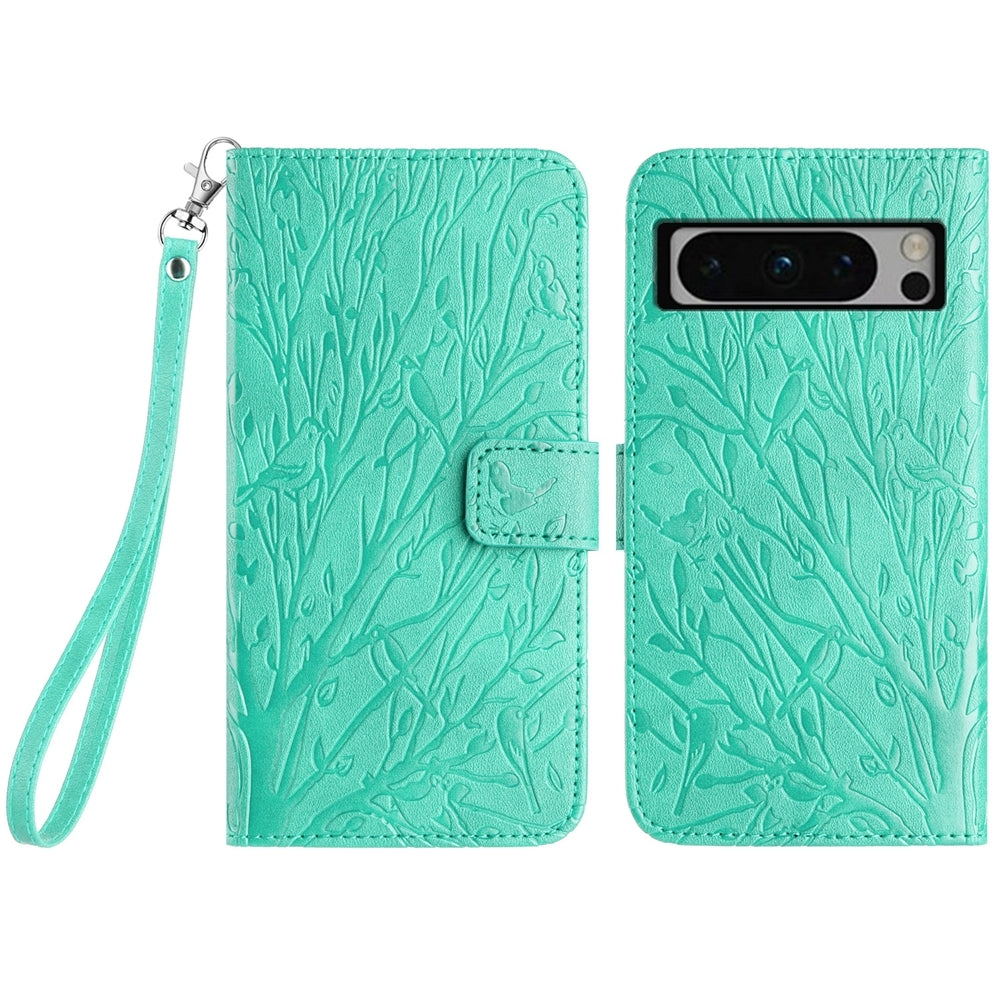 Google Pixel 8 Pro Embossed Leather Phone Case with Tree Birds Pattern, Hand Strap, Card Holder & Adjustable Stand - Shockproof Wallet Cover