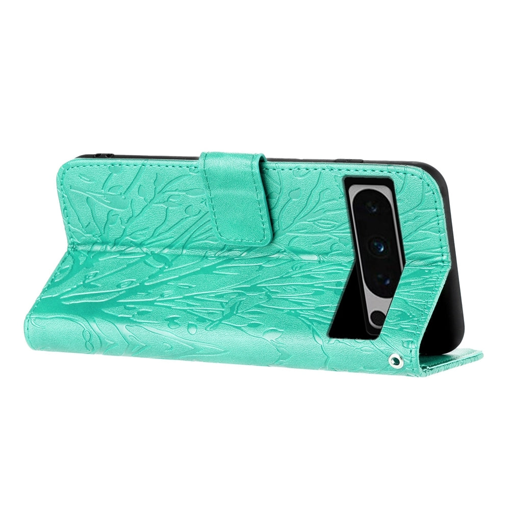 Google Pixel 8 Pro Embossed Leather Phone Case with Tree Birds Pattern, Hand Strap, Card Holder & Adjustable Stand - Shockproof Wallet Cover