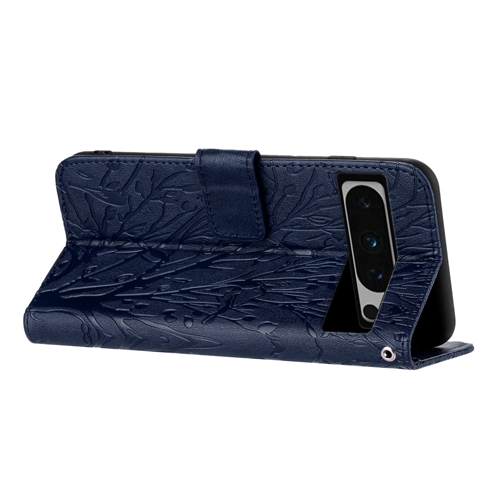 Google Pixel 8 Pro Embossed Leather Phone Case with Tree Birds Pattern, Hand Strap, Card Holder & Adjustable Stand - Shockproof Wallet Cover