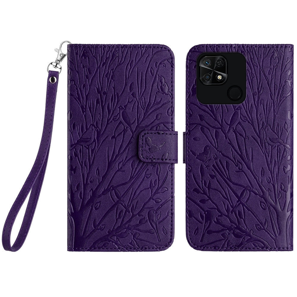 Xiaomi Redmi 10C Embossed Leather Phone Case with Tree Birds Pattern, Hand Strap, Card Holder & Adjustable Stand - Shockproof Wallet Cover