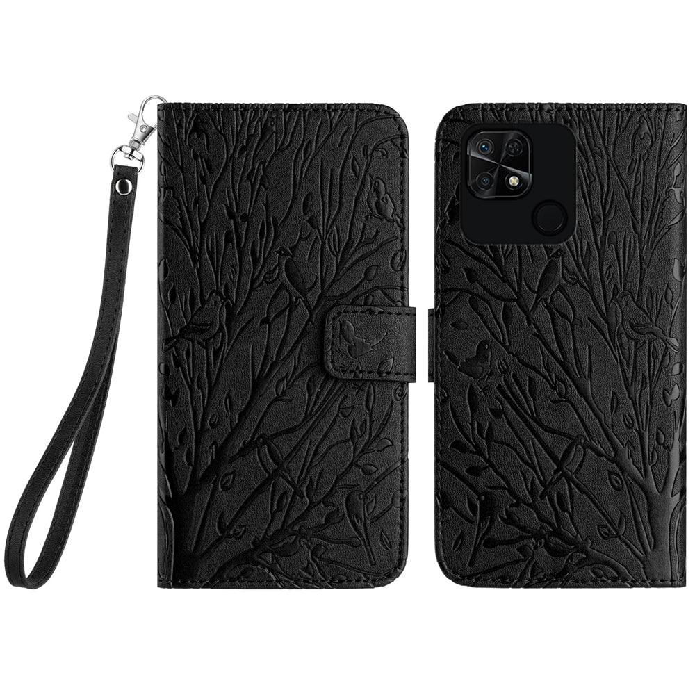 Xiaomi Redmi 10C Embossed Leather Phone Case with Tree Birds Pattern, Hand Strap, Card Holder & Adjustable Stand - Shockproof Wallet Cover
