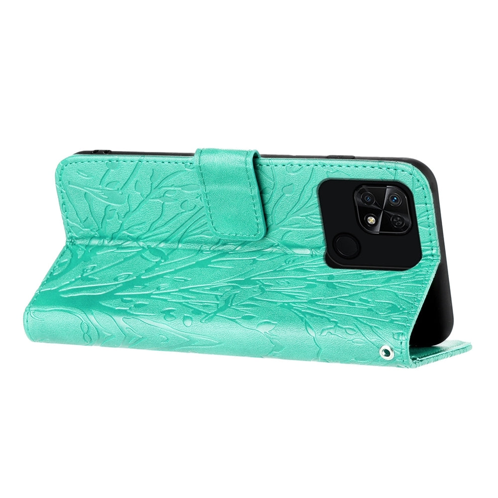 Xiaomi Redmi 10C Embossed Leather Phone Case with Tree Birds Pattern, Hand Strap, Card Holder & Adjustable Stand - Shockproof Wallet Cover