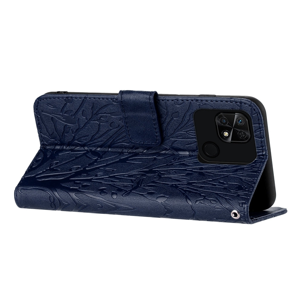 Xiaomi Redmi 10C Embossed Leather Phone Case with Tree Birds Pattern, Hand Strap, Card Holder & Adjustable Stand - Shockproof Wallet Cover