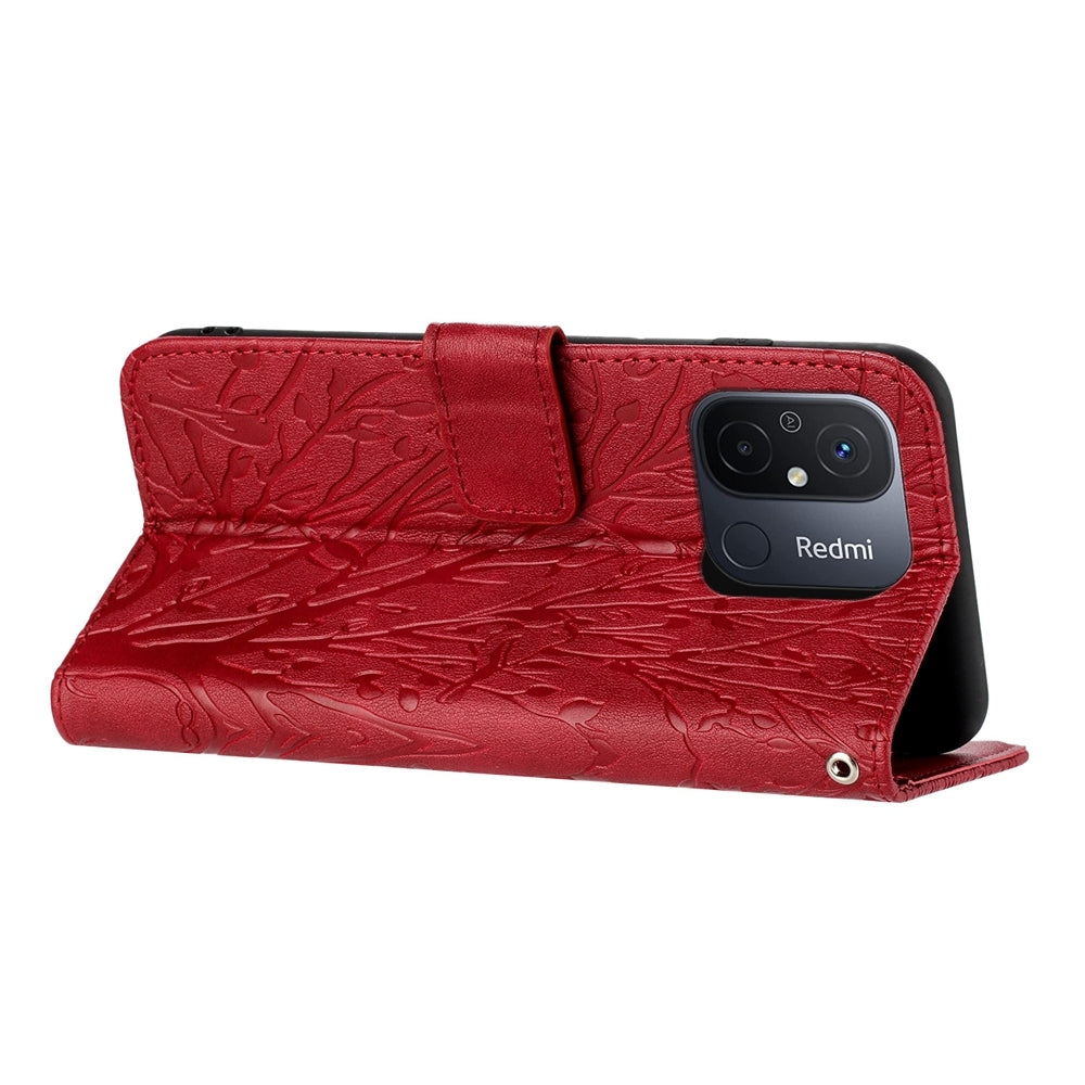 Xiaomi Redmi 12C Embossed Leather Phone Case with Tree Birds Pattern, Hand Strap, Card Holder & Adjustable Stand - Shockproof Wallet Cover
