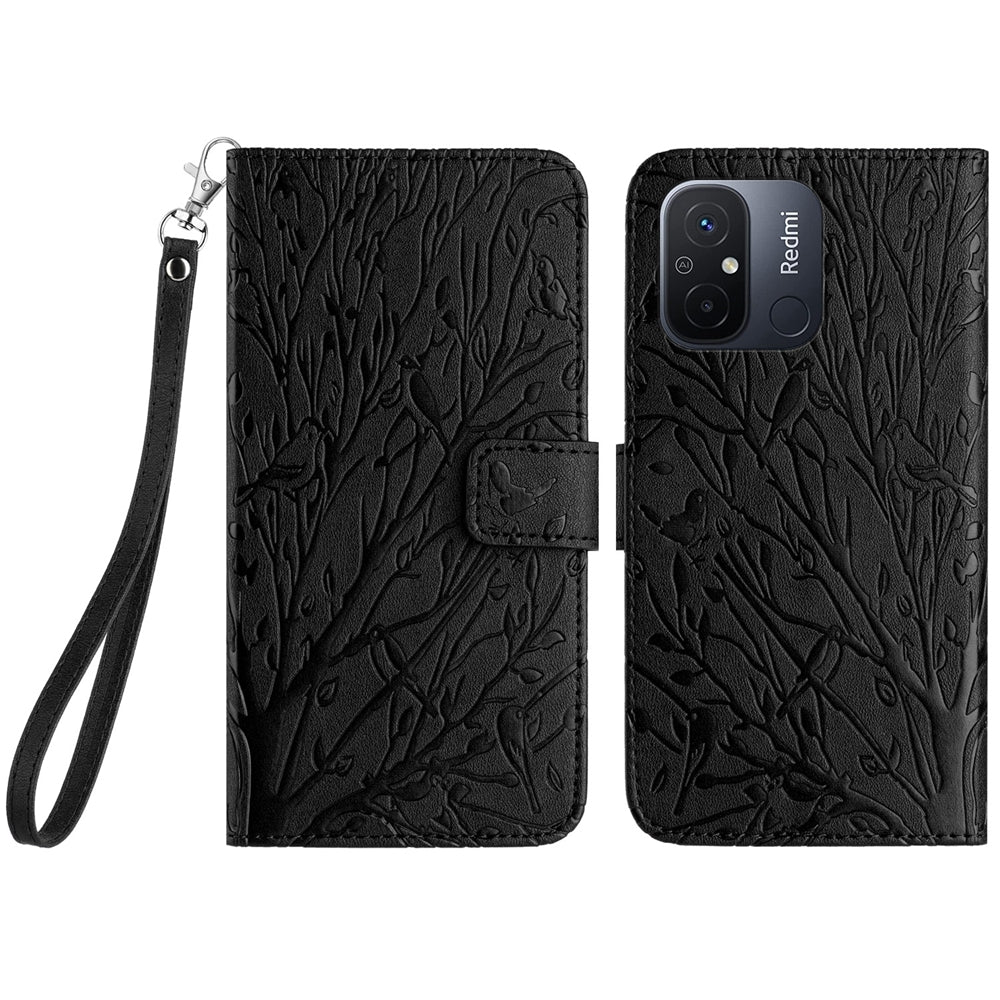 Xiaomi Redmi 12C Embossed Leather Phone Case with Tree Birds Pattern, Hand Strap, Card Holder & Adjustable Stand - Shockproof Wallet Cover