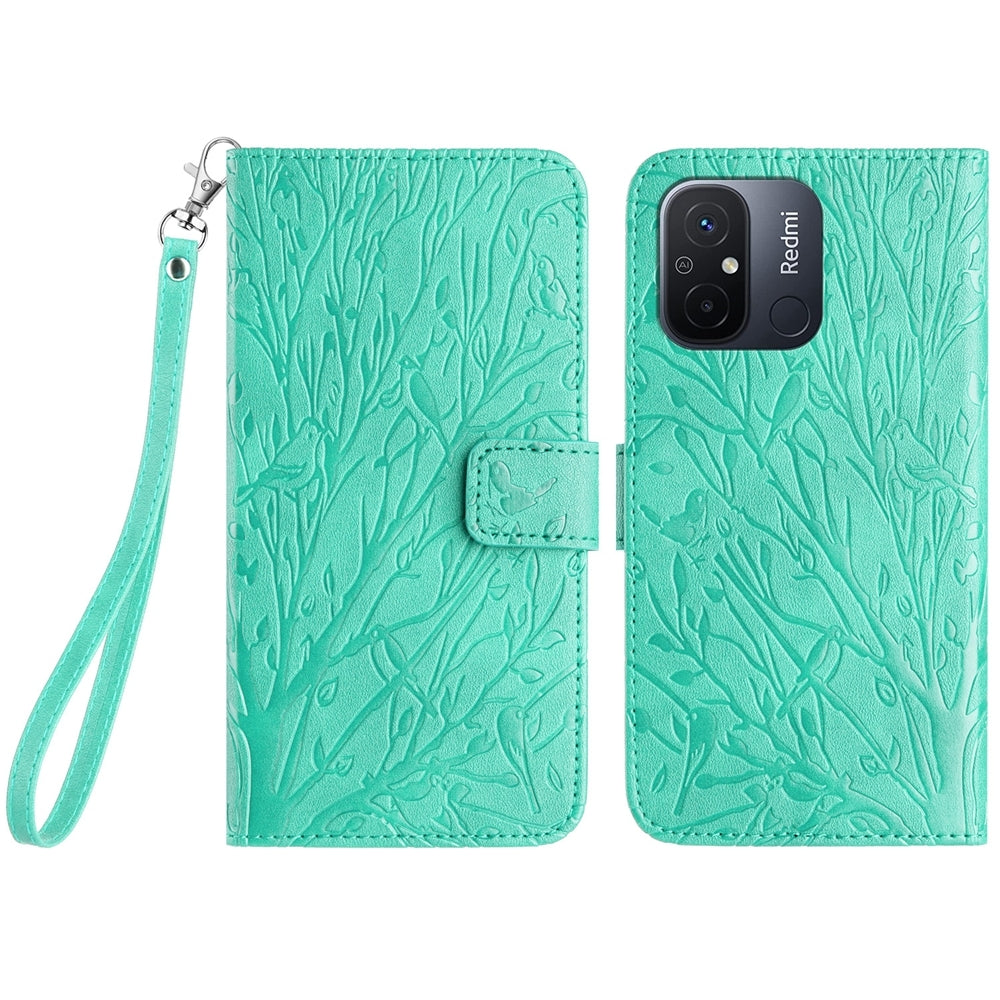 Xiaomi Redmi 12C Embossed Leather Phone Case with Tree Birds Pattern, Hand Strap, Card Holder & Adjustable Stand - Shockproof Wallet Cover