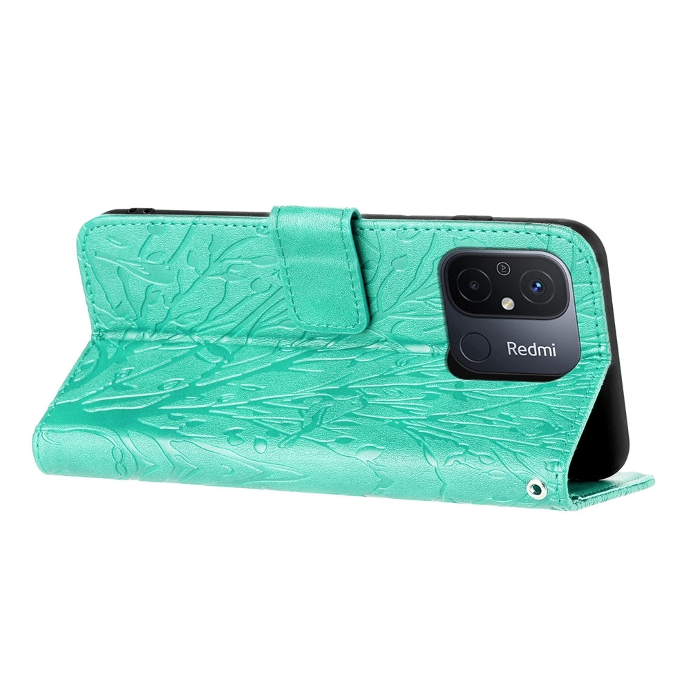 Xiaomi Redmi 12C Embossed Leather Phone Case with Tree Birds Pattern, Hand Strap, Card Holder & Adjustable Stand - Shockproof Wallet Cover