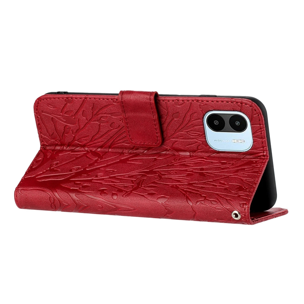 Xiaomi Redmi A1/A2 Embossed Leather Phone Case with Tree Birds Pattern, Hand Strap, Card Holder & Adjustable Stand - Shockproof Wallet Cover