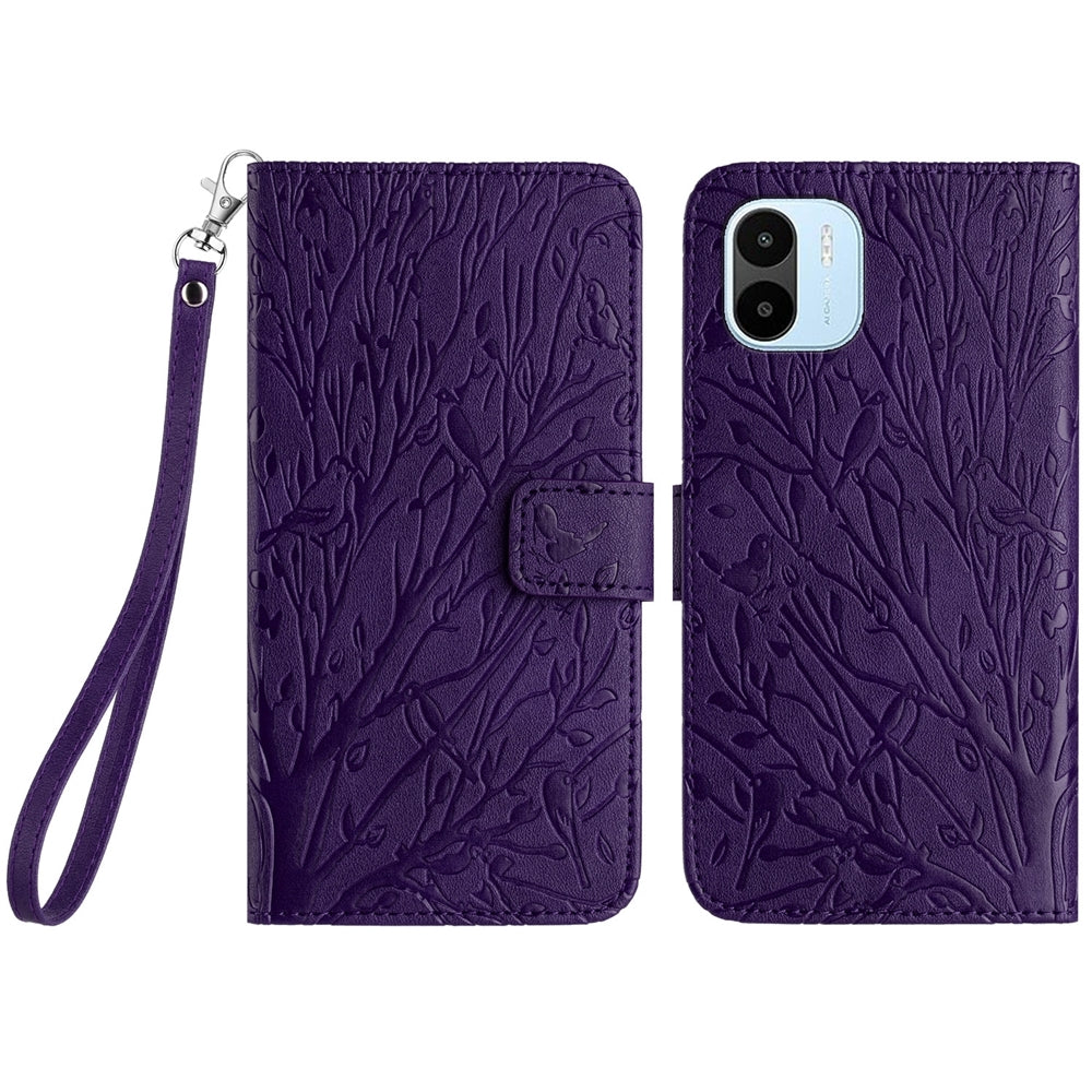 Xiaomi Redmi A1/A2 Embossed Leather Phone Case with Tree Birds Pattern, Hand Strap, Card Holder & Adjustable Stand - Shockproof Wallet Cover